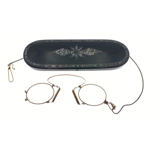 289 - A pair of gilt pince-nez within a vintage ABALONE decorated case#31