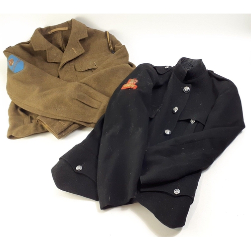 310 - Two military jackets being a blue dress jacket with Queen's Crown badges and bandsman patch on sleev... 