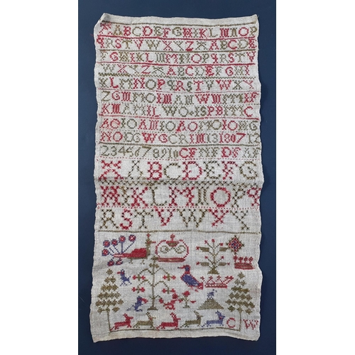 352 - An antique sampler on linen signed by CW measuring 39 x 20cm approx.  In good condition.#50