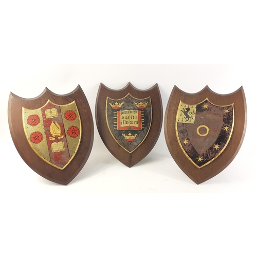 356 - Three Armorial shield crests with tin centre pieces. May be OXFORD UNIVERSITY related.  Each 32cm ta... 