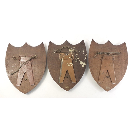 356 - Three Armorial shield crests with tin centre pieces. May be OXFORD UNIVERSITY related.  Each 32cm ta... 