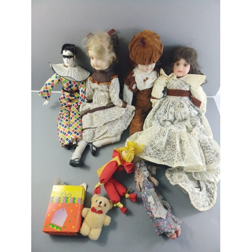 401C - Four collectors' dolls with ceramic faces, each approx 46cm high plus a harlequin 40cm high approx.#... 