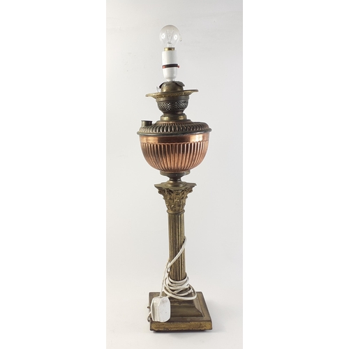 487 - An electrified brass and copper column lamp  standing 55cm approx.  No shade#114