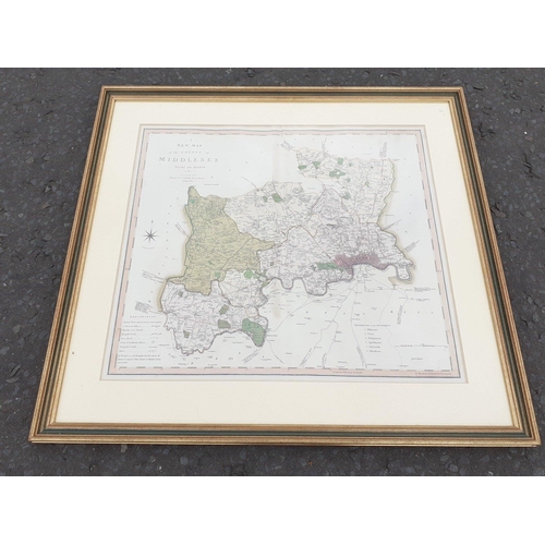 494 - A framed and glazed colored etching of 1804 map of Middlesex by Charles Smith - leading map publishe... 