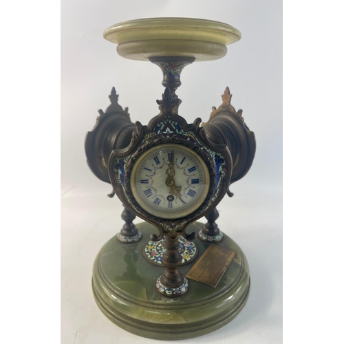 503 - A RARE French Porcelain, Champleve Enamel And 'Jewel' Mounted Onyx And Gilt Bronze Triptych Clock/Ba... 