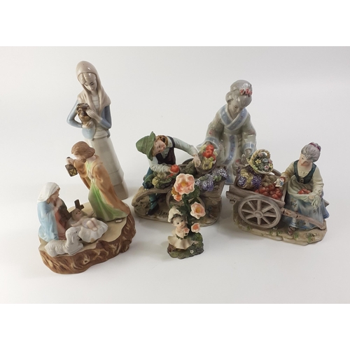 604B - A mixed decorative lot to include a Nativity scene, Three Muses figurine (16cm tall approx), 2 marke... 