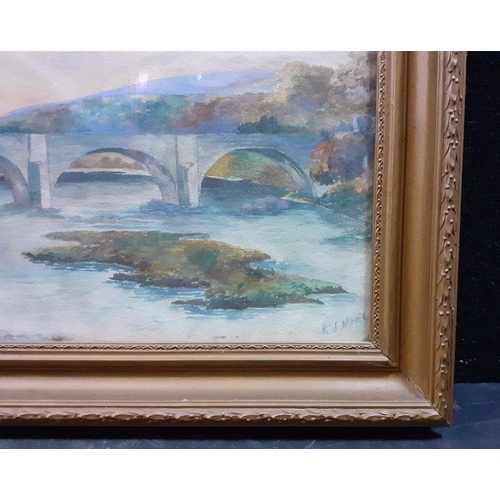 662 - An accomplished water colour of Local Interest by R.J. WOOD.  Appears to be the bridge on Yarrow Wat... 