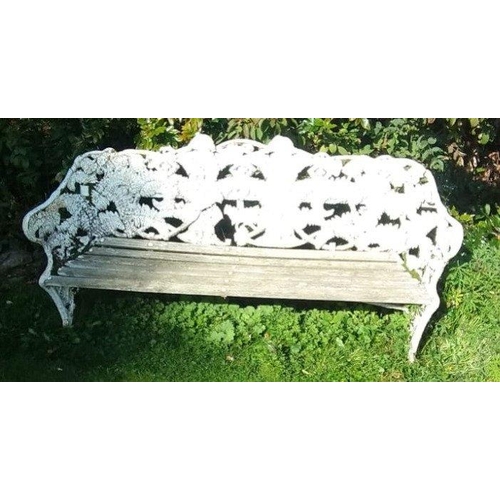 680 - EXQUISITE! A COALBROOKDALE style cast iron fern garden seat, white painted with wooden slat seat, on... 