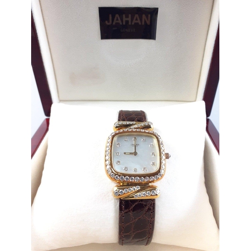 113 - DIAMONDS - JAHAN 1332 ladies quartz wrist watch in lovely solid wooden box.  Mother of pearl 20mm fa... 