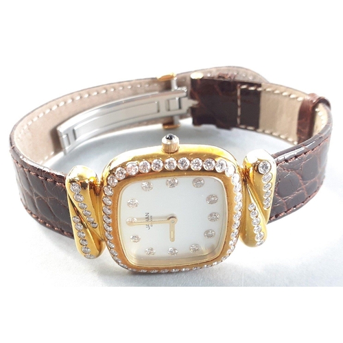 113 - DIAMONDS - JAHAN 1332 ladies quartz wrist watch in lovely solid wooden box.  Mother of pearl 20mm fa... 