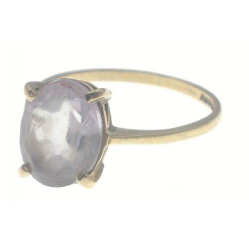 12 - A ladies gold dress ring, stamped 375, set with a pale pink stone (10mm approx), size N, gross weigh... 