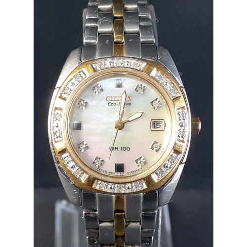 120A - CITIZEN ECO-DRIVE ladies wrist watch WR-100 with 26 diamonds - with mother of pearl dial and highlig... 