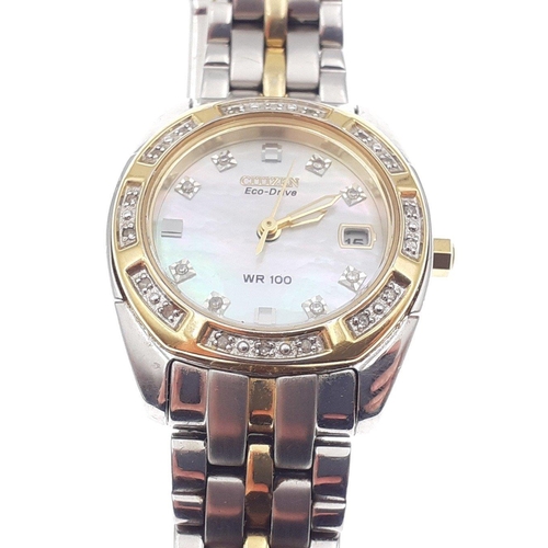 120A - CITIZEN ECO-DRIVE ladies wrist watch WR-100 with 26 diamonds - with mother of pearl dial and highlig... 