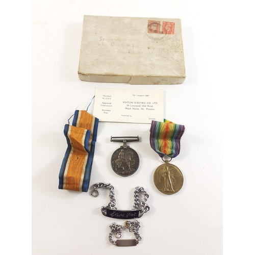 130 - Two  WWI medals BWM & Victory both named to 44014 Pte. T. Slater, Manchester Regiment, plus 2 id... 