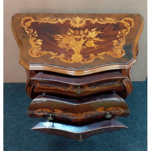 138 - An attractive reproduction baroque style three drawer side table with lovely brown and gold inlay sc... 