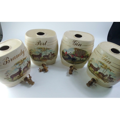 188 - Four large ceramic barrels labelled 2 x gin, brandy, and  port, decorated with countryside scenes of... 