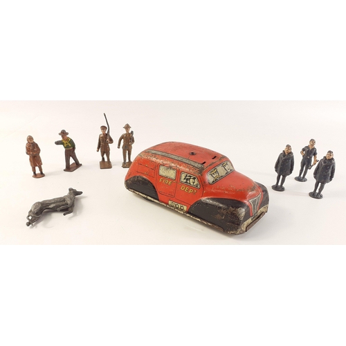 199 - A METOY Fire Department Truck in worn condition with a small selection of lead figures.#206