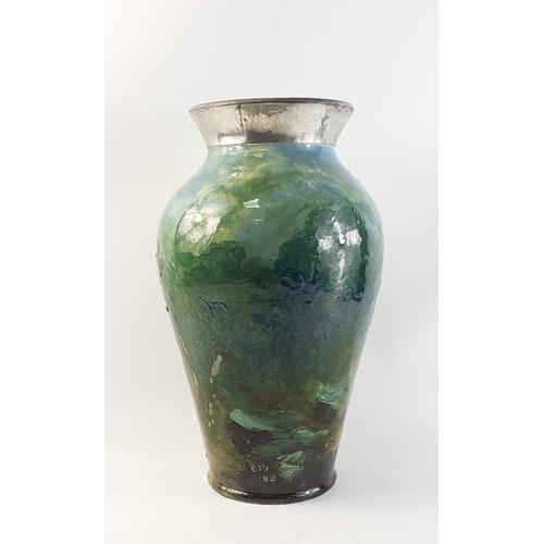 238 - Large imposing BURMANTOFTS fiance pottery vase with stork motif. Some glazing cracks and repair to n... 