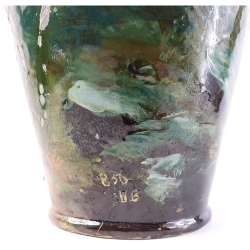 238 - Large imposing BURMANTOFTS fiance pottery vase with stork motif. Some glazing cracks and repair to n... 