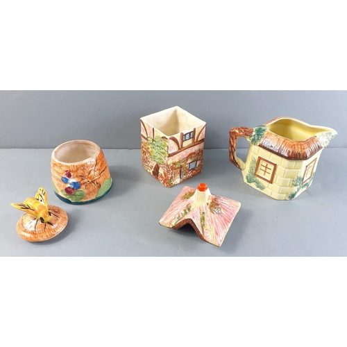 245 - An interesting collection of KENSINGTON WARE jampot, creamer, and a honey pot (10cm high approx),#25... 