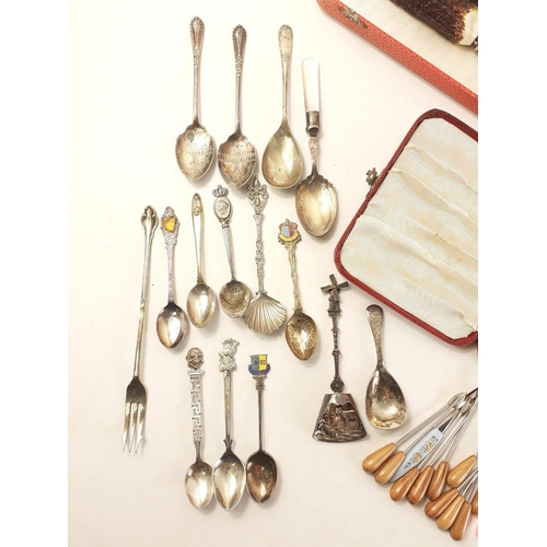 27 - A collection of EP teaspoons, a bone handled carving set still in its presentation case, a set of fi... 