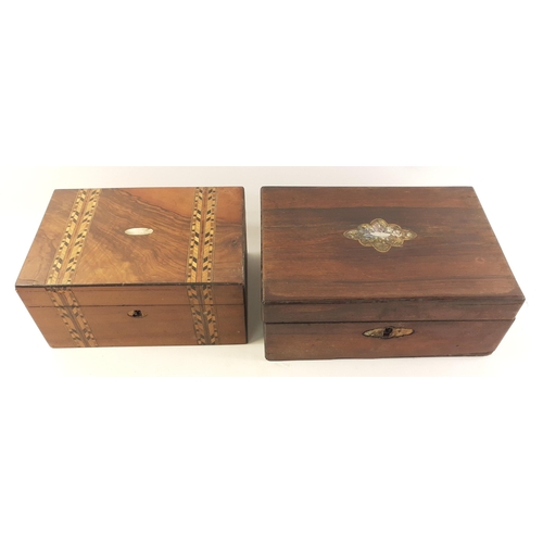 275 - Two wooden boxes, one a writing slope with damaged interior 30x22x11cm approx and mother of pearl ca... 