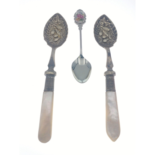 33 - Two vintage EPNS jam spoons, with mother of pearl handles plus one other spoon with enamel finial#33... 