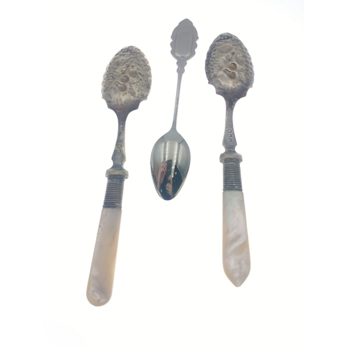 33 - Two vintage EPNS jam spoons, with mother of pearl handles plus one other spoon with enamel finial#33... 