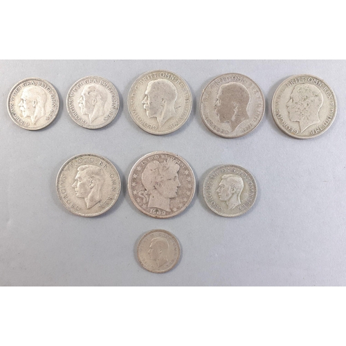 47 - A small selection of silver coinage to include 1909 Barber Half Dollar. All with wear minimum 0.500 ... 