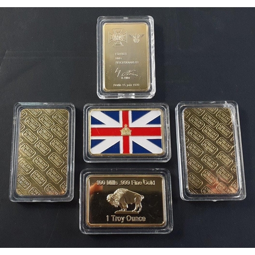 59 - Five modern replica gold plated ingots to include a Nazi bar, two Swiss ingots, a Buffalo bar and a ... 