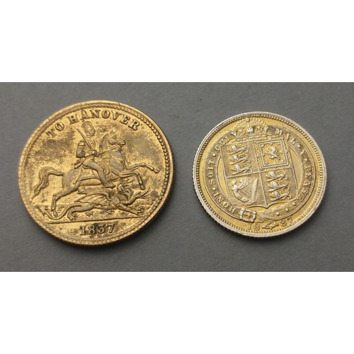 60 - Two gilt Victorian coins of interest to include a gilded 1887 sixpence and an 1837 To Hanover token#... 