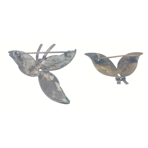 64 - Two silver brooches with enamel, one a butterfly the other a leaf, total gross weight 11g approx.#65... 