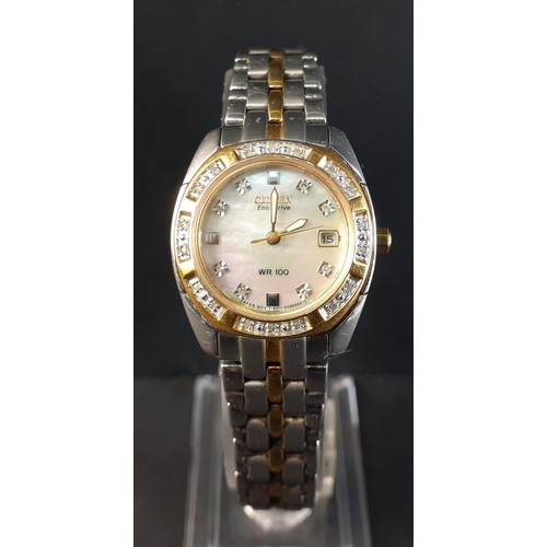 120A - CITIZEN ECO-DRIVE ladies wrist watch WR-100 with 26 diamonds - with mother of pearl dial and highlig... 