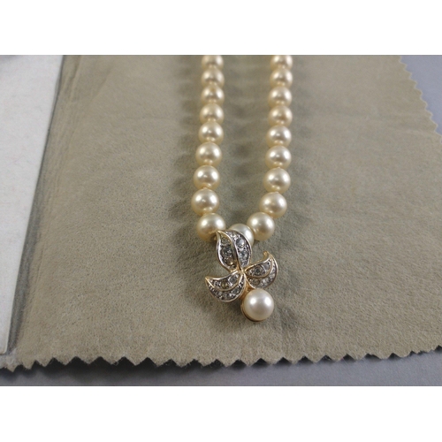 109 - Two strings of MALLORCAN pearls bought on the island around 40 years ago, one 40cm approx plus penda... 