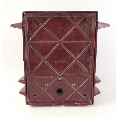 179 - An Italian bulkhead light with maroon paint finish, stands 24cm high approx.  Needs wiring.#179