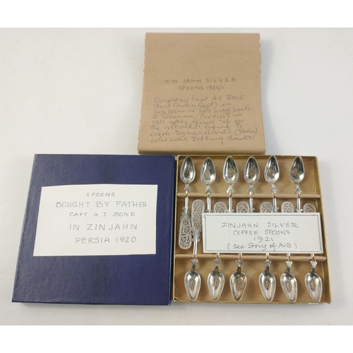 63 - A boxed set of 12 ZINJAHN silver coffee spoons bought in 1920 in Persia, 80g approx#63