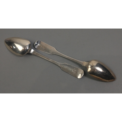 66 - Two large Irish silver spoons each approx 23cm long. Hallmarked Dublin 1817 by Samuel Neville.  Weig... 