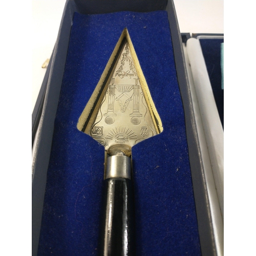 90 - A large gilt metal Masonic pendant (12cm length approx) in box with ribbon. Also three presentation ... 