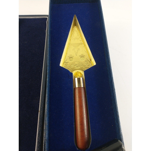 90 - A large gilt metal Masonic pendant (12cm length approx) in box with ribbon. Also three presentation ... 