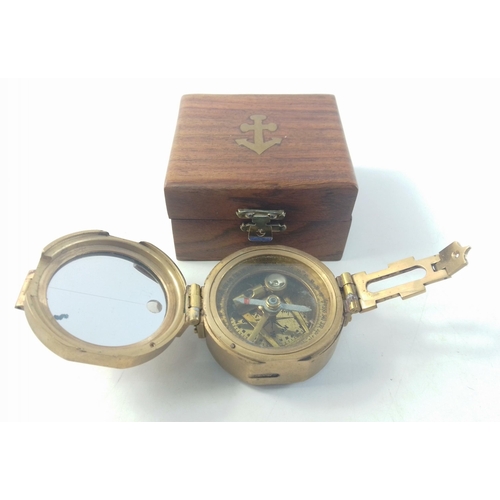 135 - A STANLEY of London 6cm brass marine compass - Natural Sine - in wooden box#135