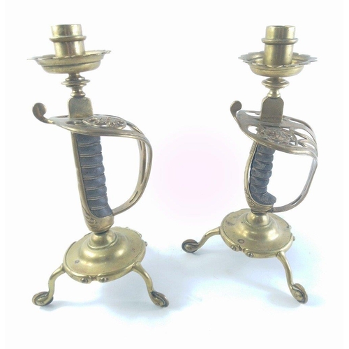 136 - A pair of original British Army VICTORIAN sword handle brass and shagreen candlesticks by BENHAM &am... 