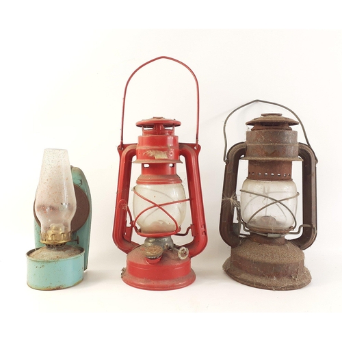 170 - Two vintage well-used TILLY lamps each 24cm approx and one oil lamp with reflector in used condition... 