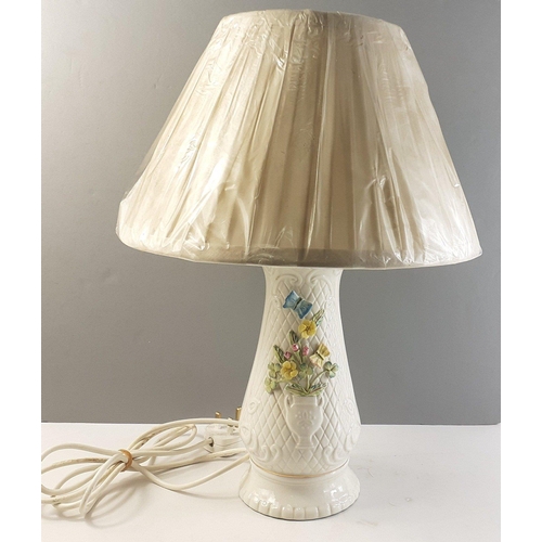 178 - A BELLEEK table lamp with shade.  Total height including shade 50cm approx.  In good condition.#179... 