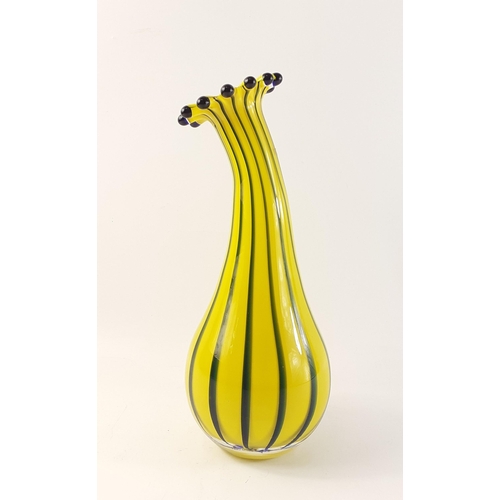 238 - A gourd vase in a vibrant yellow with a green stripe standing 31cm approx,  possibly of Czechoslovak... 