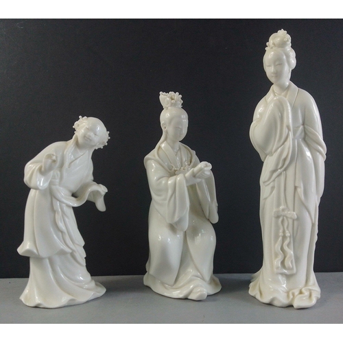 255 - Three lovely Blanc de Chine porcelain Chinese figures the tallest 18cm approx. All in excellent cond... 