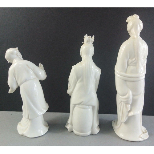 255 - Three lovely Blanc de Chine porcelain Chinese figures the tallest 18cm approx. All in excellent cond... 