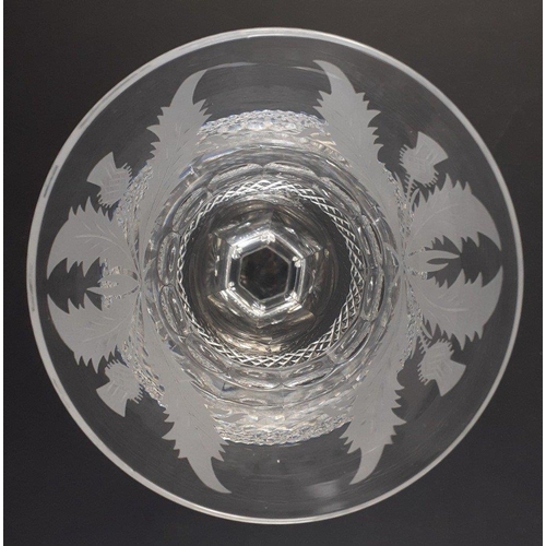 318 - Four large EDINBURGH CRYSTAL wine goblets in the iconic frosted thistle pattern and wrapped diamond ... 