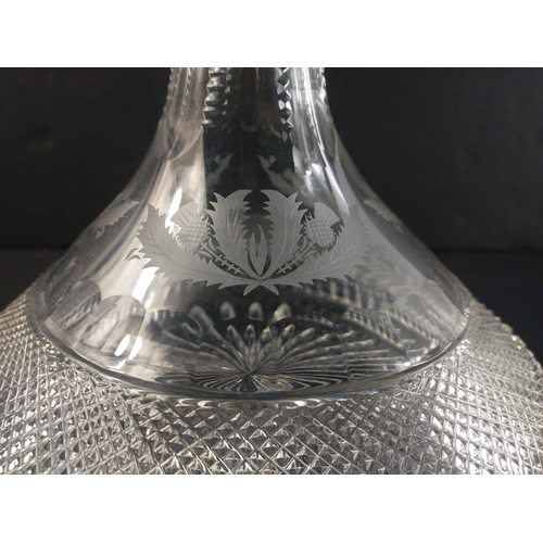 322 - A beautiful ANTIQUE pressed glass ship's decanter with no markings, etched design of thistles.  Stan... 