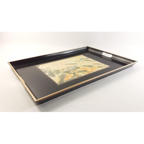 329 - A lacquer wooden tray with applied paper centre. 54cm x 38cm in clean condition.#333