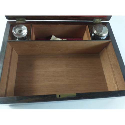 333 - A wooden travel box with 4 various glass pots. Interior lid detached.  30 x 22 x 12cm approx#337